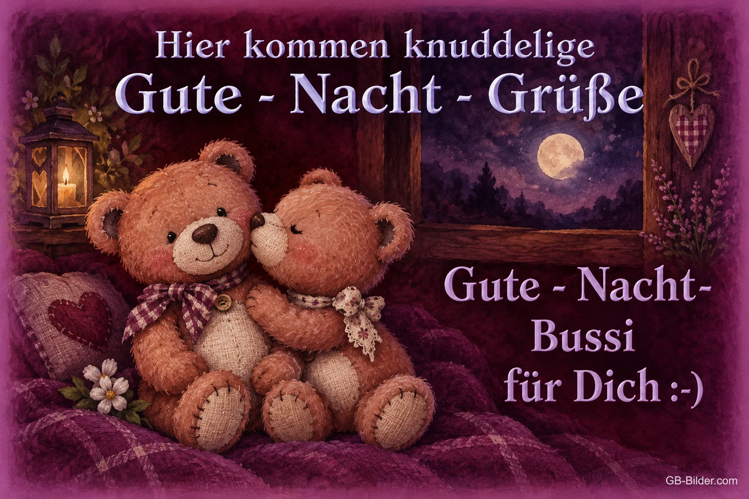 Zwei kuschelnde Teddybären vor einem Fenster mit Mond, Text: Hier kommen knuddelige Gute-Nacht-Grüße – Gute-Nacht-Bussi für dich :-)