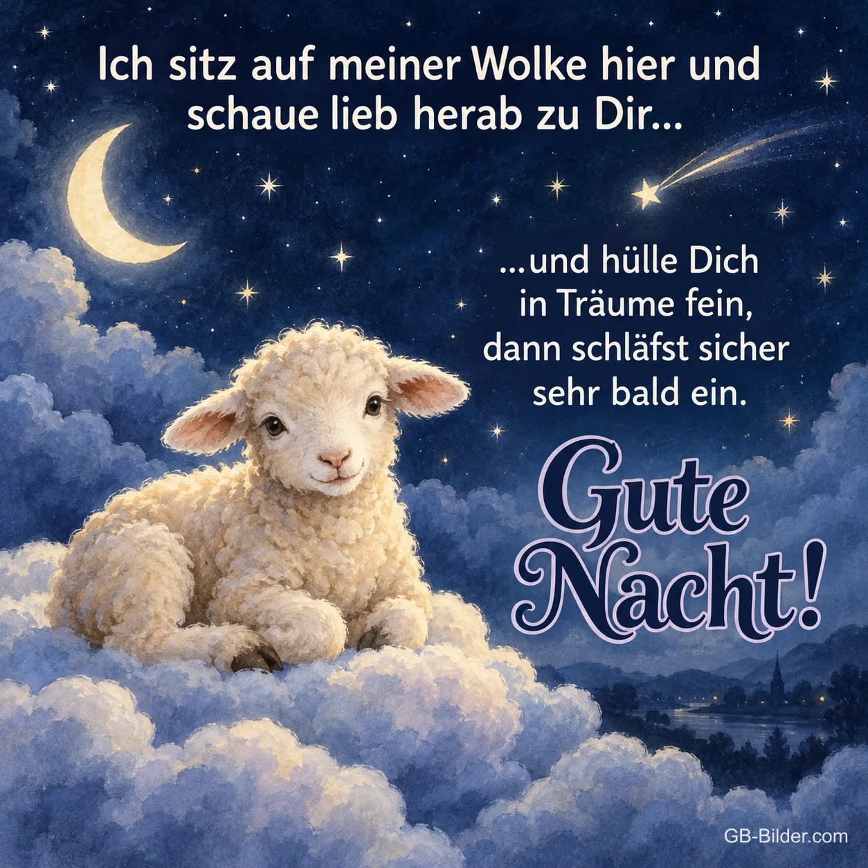 Lamm auf der Wolke, Text: Ich sitz auf meiner Wolke hier und schaue lieb herab zu Dir