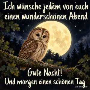 Waldkauz auf einem Ast vor dem Vollmond, Text: Ich wünsche jedem von euch einen wunderschönen Abend. Gute Nacht! Und morgen einen schönen Tag