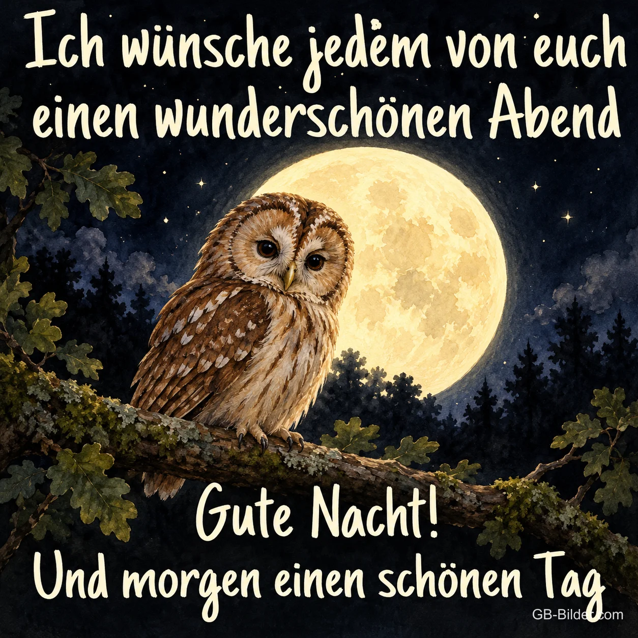 Waldkauz auf einem Ast vor dem Vollmond, Text: Ich wünsche jedem von euch einen wunderschönen Abend. Gute Nacht! Und morgen einen schönen Tag