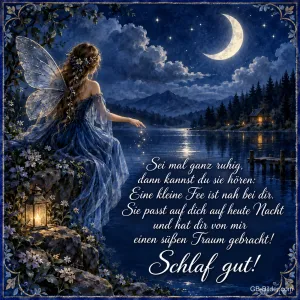 Fee sitzt nachts am See unter der Mondsichel, Text: Sei mal ganz ruhig, dann kannst du sie hören: Eine kleine Fee ist nah bei dir. Sie passt auf dich auf heute Nacht und hat dir von mir einen süßen Traum gebracht! Schlaf gut!