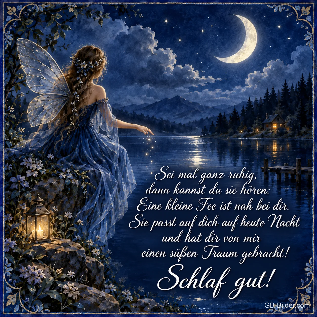 Fee sitzt nachts am See unter der Mondsichel, Text: Sei mal ganz ruhig, dann kannst du sie hören: Eine kleine Fee ist nah bei dir. Sie passt auf dich auf heute Nacht und hat dir von mir einen süßen Traum gebracht! Schlaf gut!