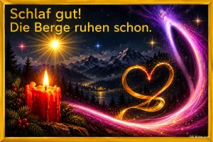 Rote Kerze und leuchtendes Herz aus Lichtschweif über Bergen bei Nacht, Text: Schlaf gut! Die Berge ruhen schon.