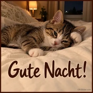 Getigertes Kätzchen liegt verschlafen auf einem Bett, Text: Gute Nacht!