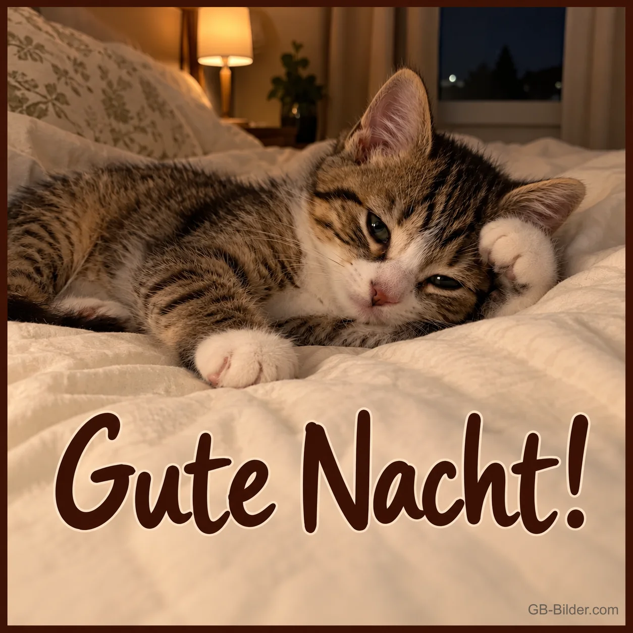 Getigertes Kätzchen liegt verschlafen auf einem Bett, Text: Gute Nacht!