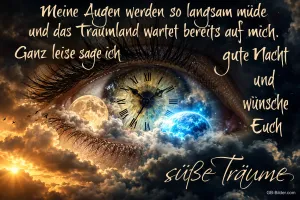 Auge mit Zifferblatt und Mond in den Wolken, Text: Meine Augen werden so langsam müde und das Traumland wartet bereits auf mich. Ganz leise sage ich gute Nacht und wünsche Euch süße Träume