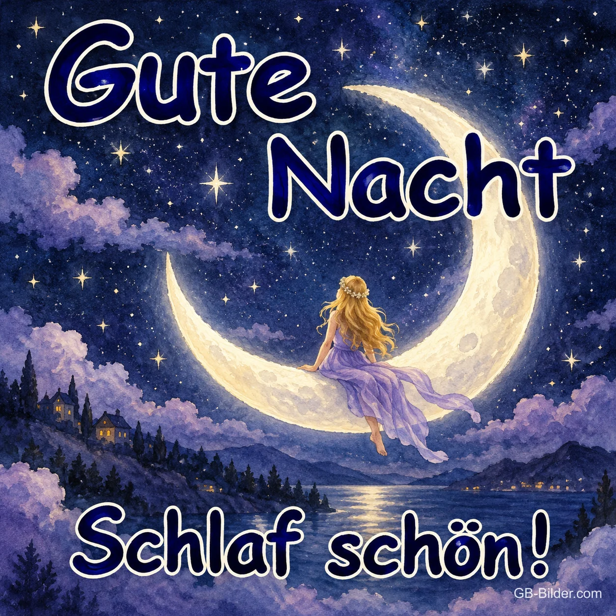 Fee im lila Kleid sitzt auf einer Mondsichel über einem See, Text: Gute Nacht – Schlaf schön!