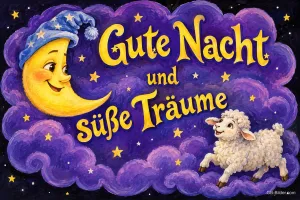 Lächelnder Mond mit Schlafmütze und ein Schaf auf Wolken, Text: Gute Nacht und süße Träume