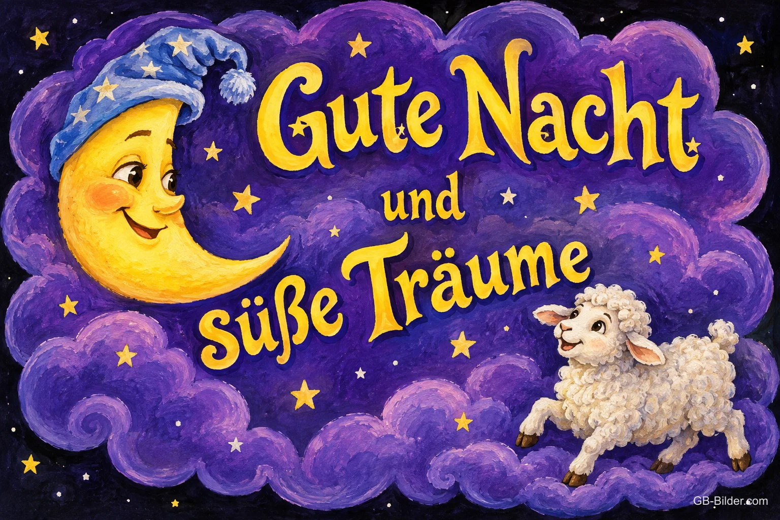 Lächelnder Mond mit Schlafmütze und ein Schaf auf Wolken, Text: Gute Nacht und süße Träume