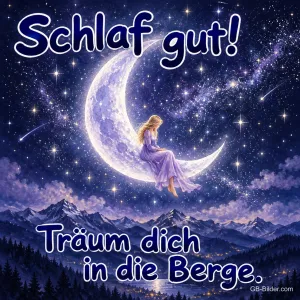 Frau im lila Kleid sitzt auf der Mondsichel über verschneiten Bergen, Text: Schlaf gut! Träum dich in die Berge.