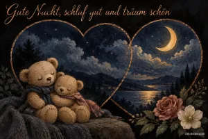Zwei kuschelnde Teddybären vor einem herzförmigen Nachthimmel mit Mond, Text: Gute Nacht, schlaf gut und träum schön