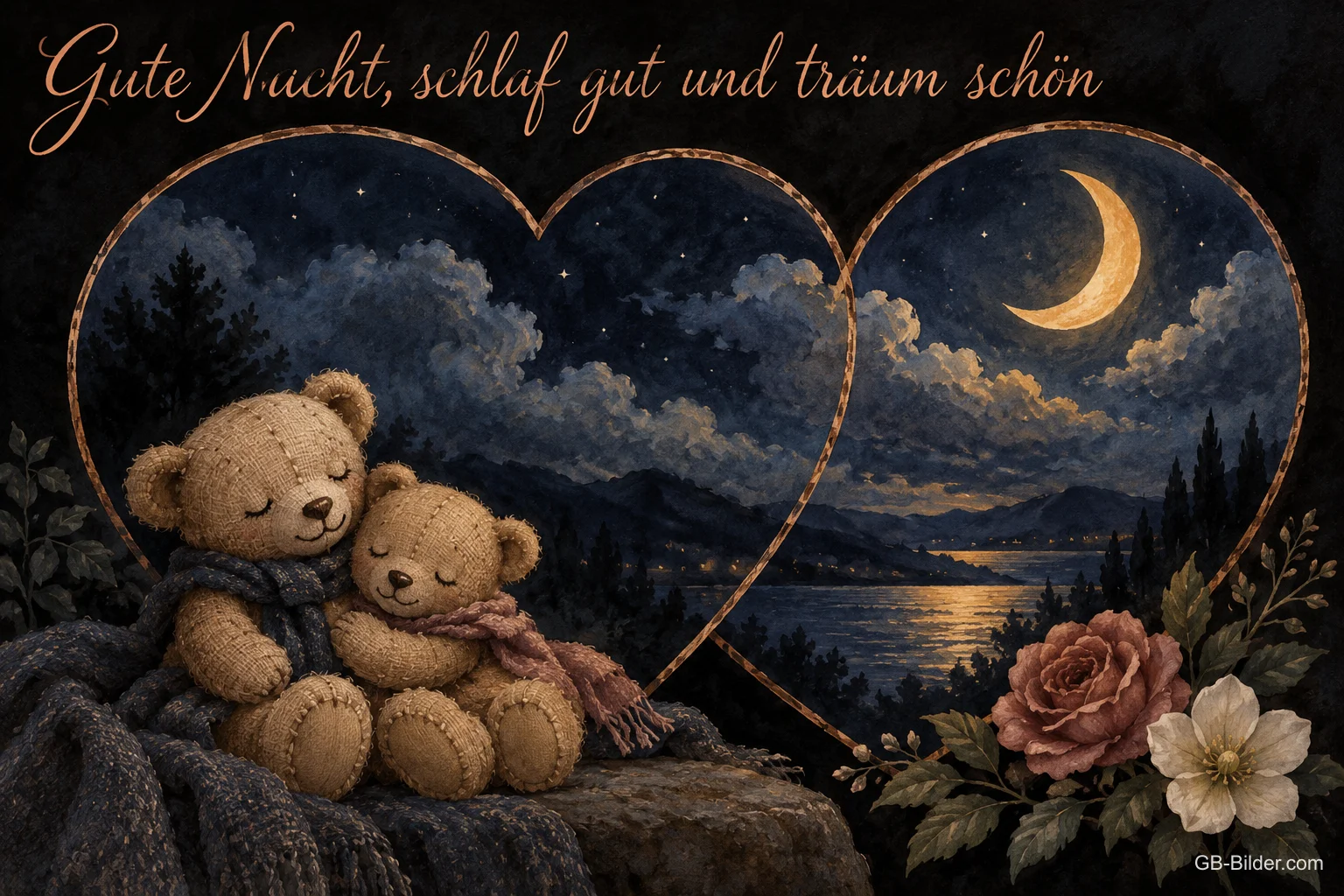 Zwei kuschelnde Teddybären vor einem herzförmigen Nachthimmel mit Mond, Text: Gute Nacht, schlaf gut und träum schön