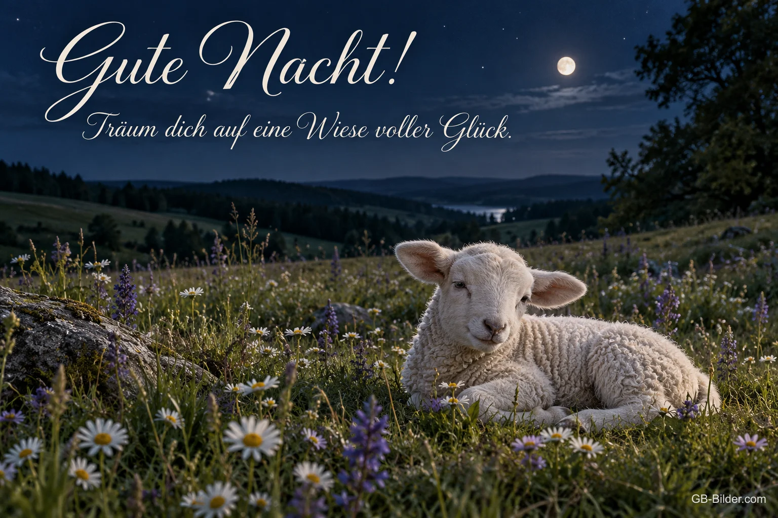Lamm in der nächtlichen Wiese, Text: Gute Nacht