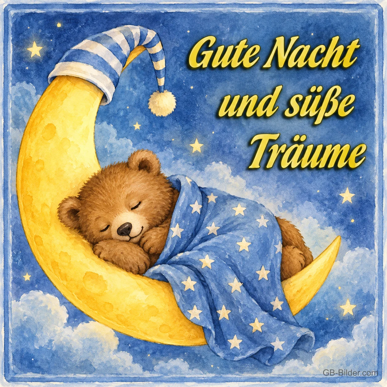 Teddybär schläft mit Sternendecke auf einer Mondsichel, Text: Gute Nacht und süße Träume