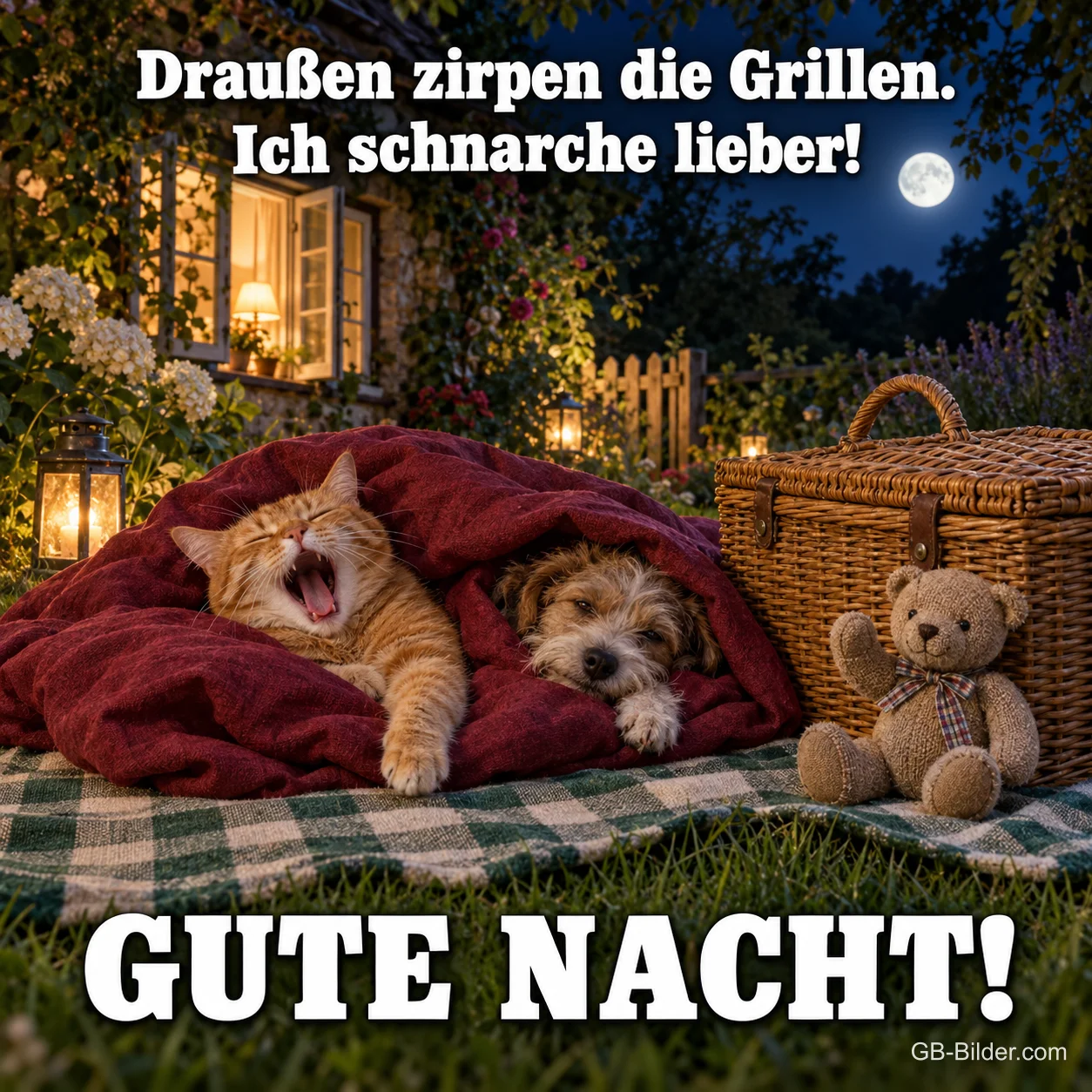Gähnende Katze und Hund unter einer roten Decke im Garten, Teddy, Text: Draußen zirpen die Grillen. Ich schnarche lieber! – GUTE NACHT!