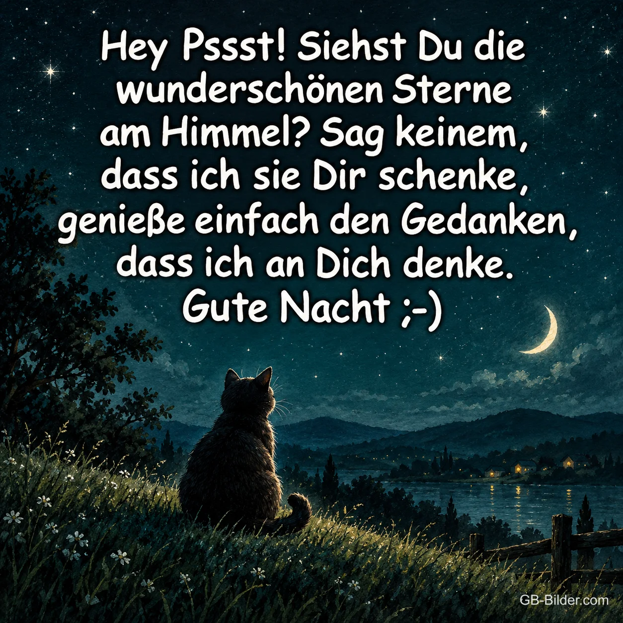 Katze sitzt auf einem Hügel unter dem Sternenhimmel, Text: Hey Pssst! Siehst Du die wunderschönen Sterne am Himmel? Sag keinem, dass ich sie Dir schenke, genieße einfach den Gedanken, dass ich an Dich denke. Gute Nacht ;-)