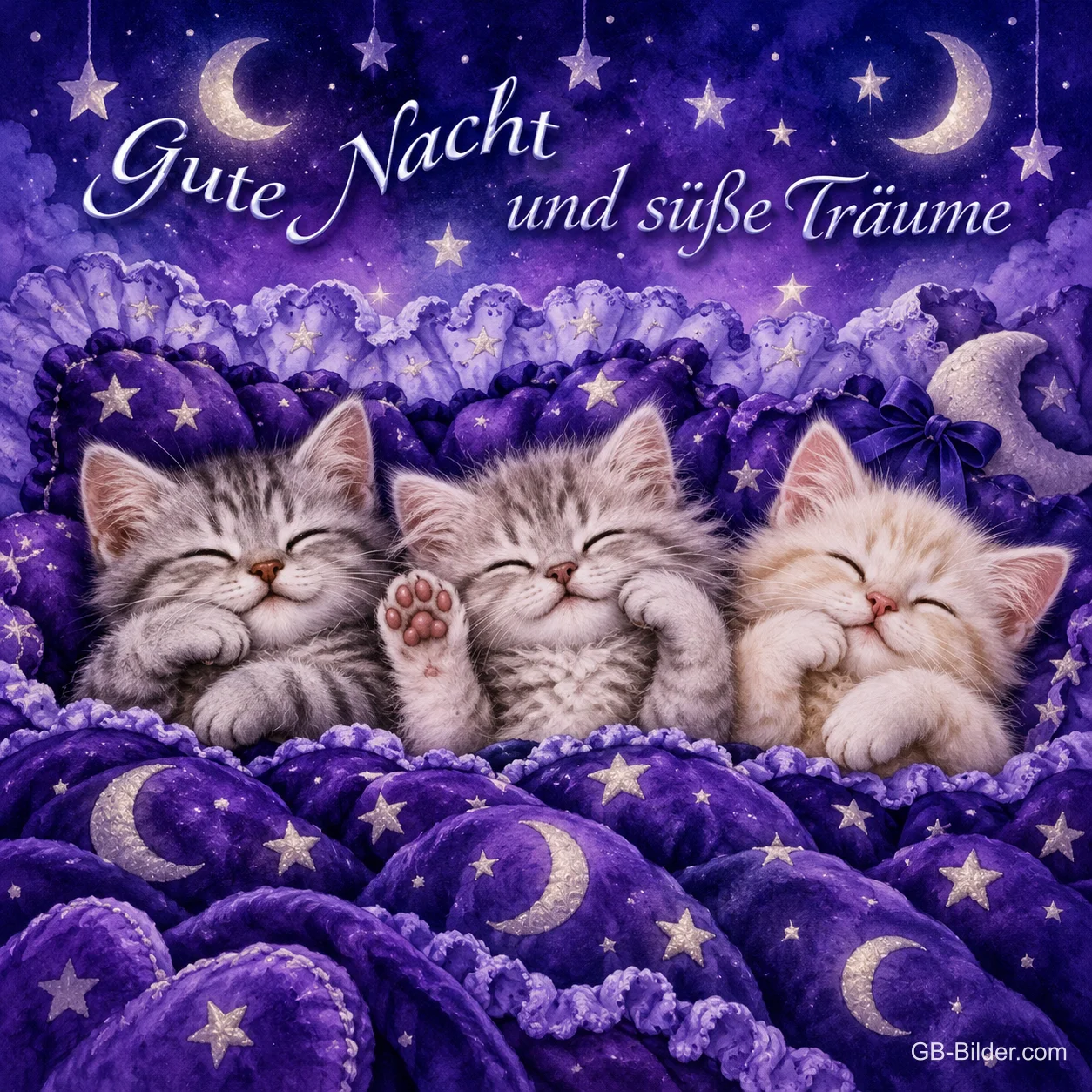 Drei Kätzchen schlafen unter einer Decke mit Monden, Text: Gute Nacht und süße Träume