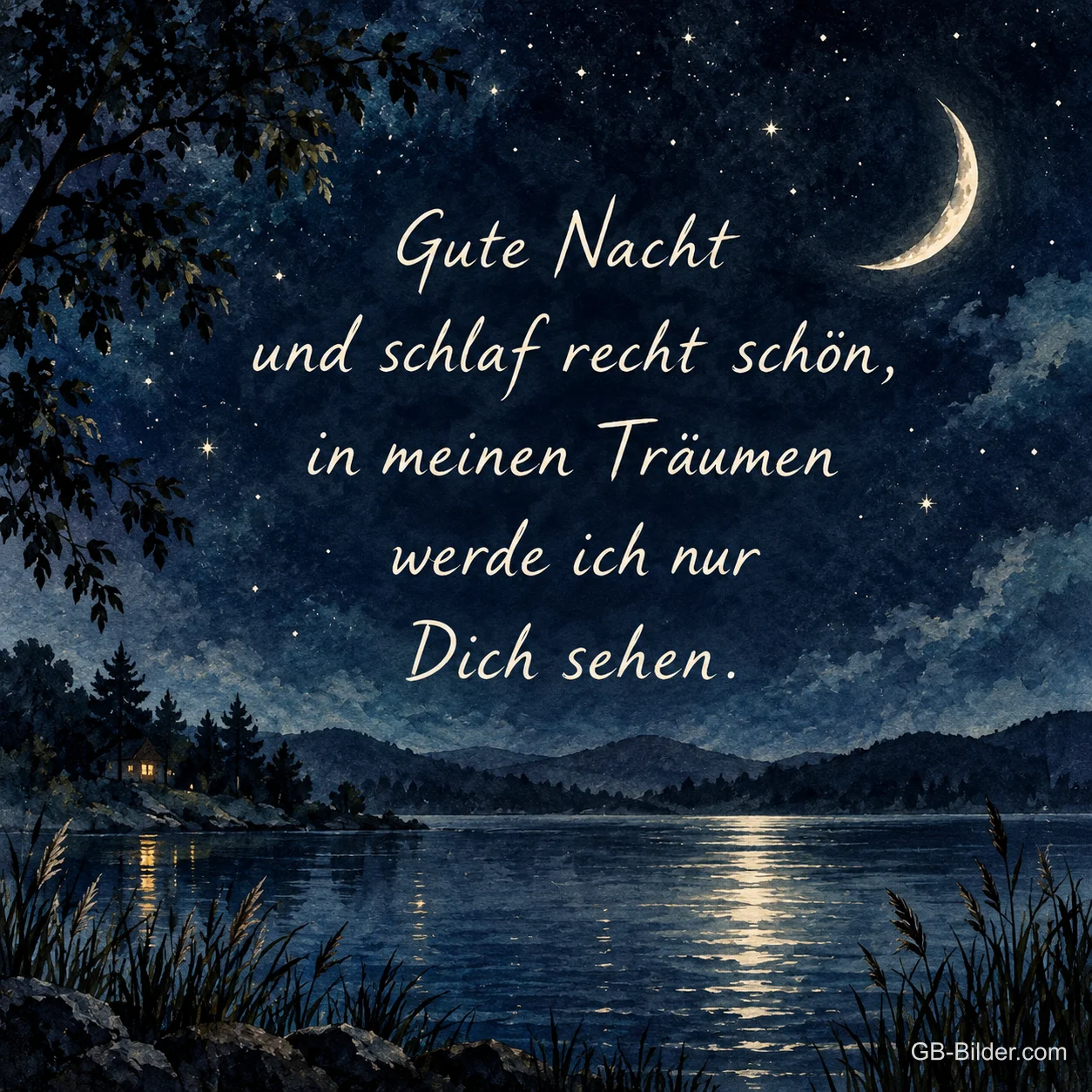 Mondsichel über dem See, Text: Gute Nacht und schlaf recht schön, in meinen Träumen werde ich nur Dic