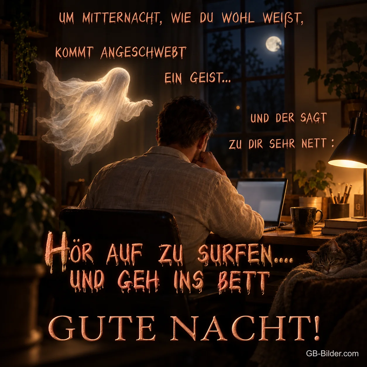 Freundlicher Geist schwebt über einem Mann am Laptop in der Nacht, Text: Um Mitternacht, wie du wohl weißt, kommt angeschwebt ein Geist… und der sagt zu dir sehr nett: Hör auf zu surfen… und geh ins Bett. Gute Nacht!