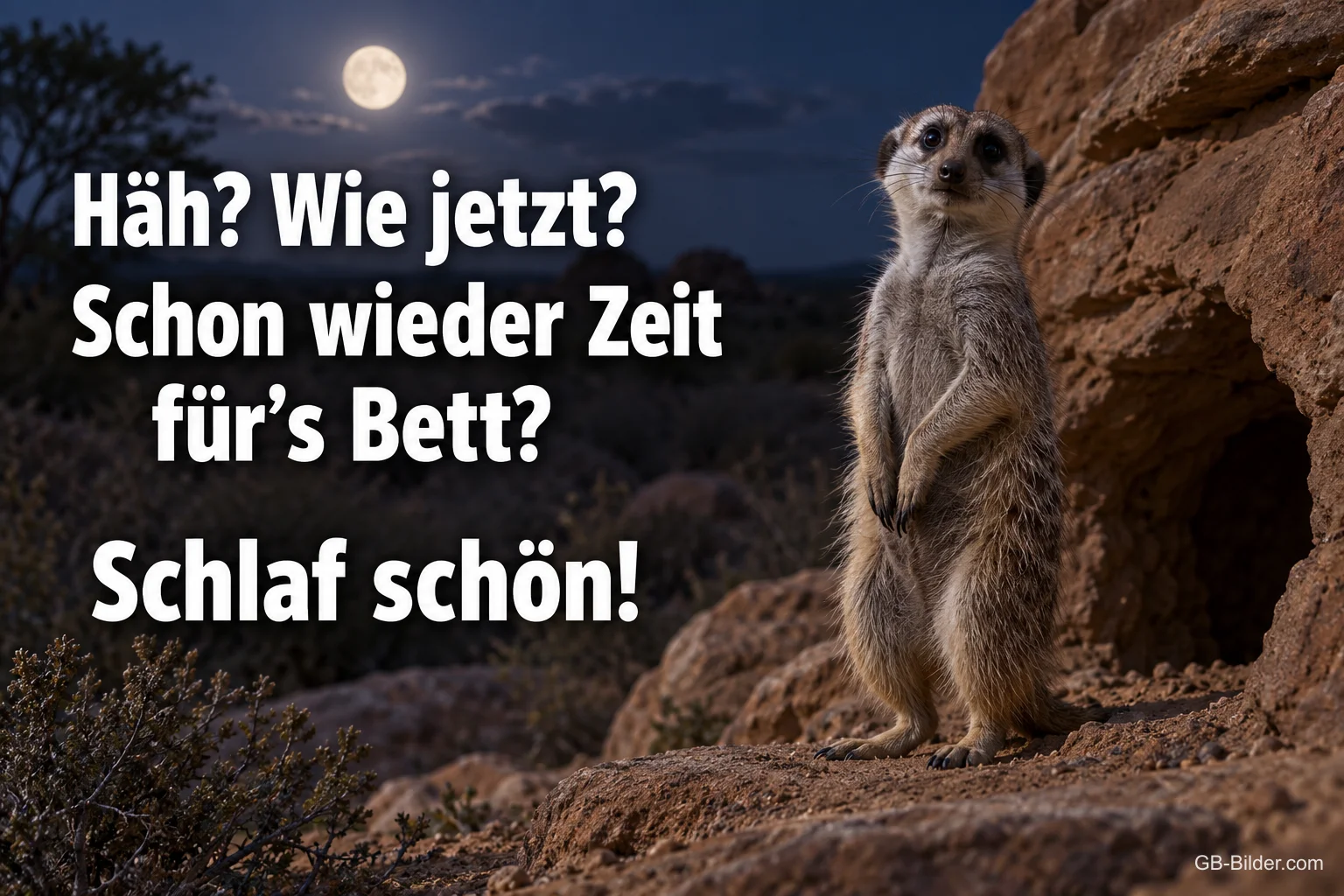 Erdmännchen steht aufrecht vor Felsen im Mondlicht, Text: Häh? Wie jetzt? Schon wieder Zeit für’s Bett? Schlaf schön!