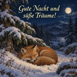 Fuchs schläft eingerollt im verschneiten Wald bei Vollmond, Text: Gute Nacht und süße Träume!