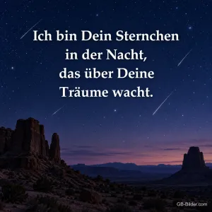 Sternenhimmel mit Sternschnuppen über einer Felslandschaft, Text: Ich bin Dein Sternchen in der Nacht, das über Deine Träume wacht.