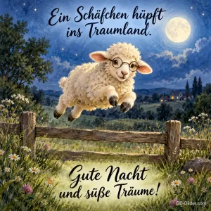 Schaf mit Brille springt über einen Zaun unter dem Vollmond, Text: Ein Schäfchen hüpft ins Traumland. Gute Nacht und süße Träume!