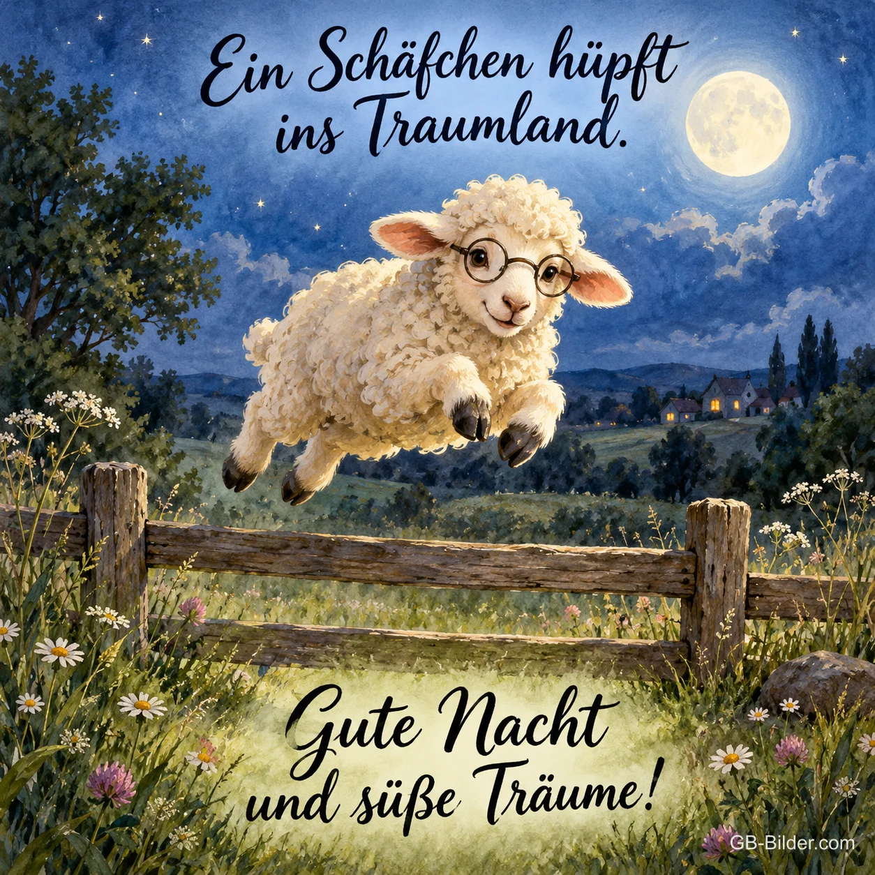 Schaf mit Brille springt über einen Zaun unter dem Vollmond, Text: Ein Schäfchen hüpft ins Traumland. Gute Nacht und süße Träume!