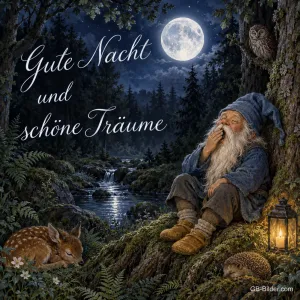 Gähnender Wichtel lehnt am Baum im nächtlichen Wald bei Vollmond, Text: Gute Nacht und schöne Träume