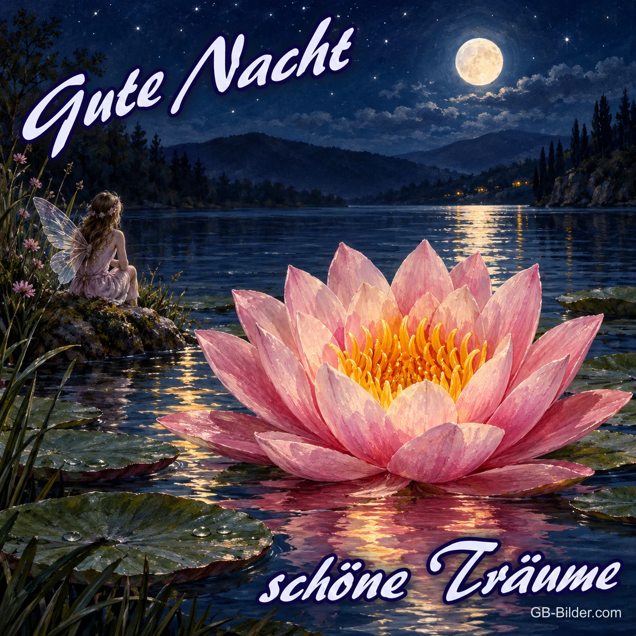 Rosa Seerose auf einem See bei Vollmond, daneben eine Fee, Text: Gute Nacht – schöne Träume