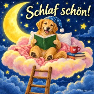 Golden Retriever mit Schlafmütze liest ein Buch auf einer Wolke, Text: Schlaf schön!
