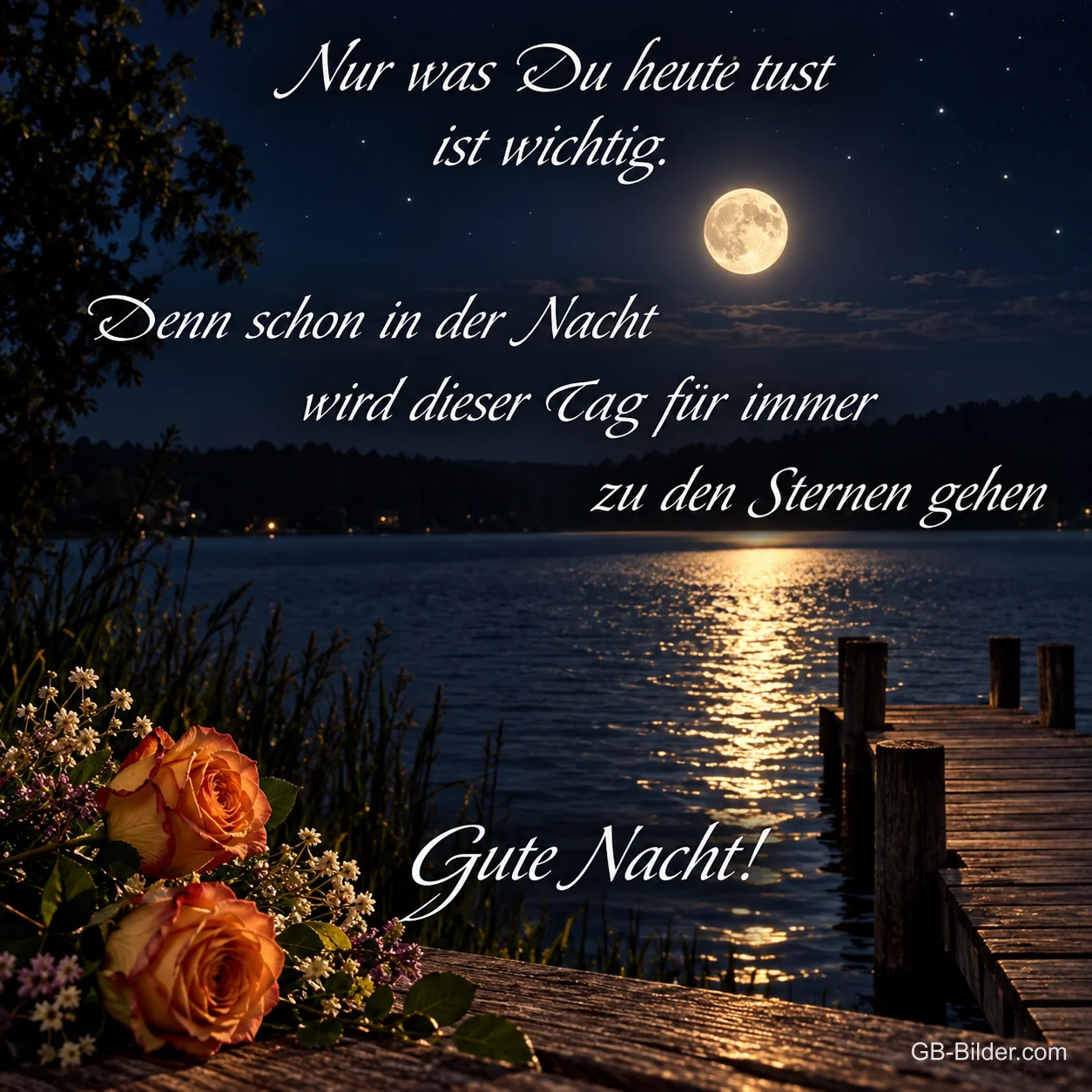 Vollmond über einem See mit Steg und Rosen, Text: Nur was Du heute tust ist wichtig. Denn schon in der Nacht wird dieser Tag für immer zu den Sternen gehen. Gute Nacht!