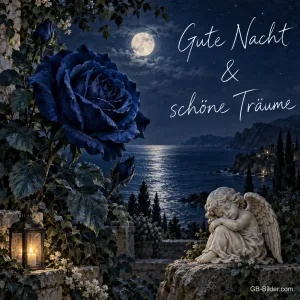 Blaue Rose und schlafende Engelfigur am Meer bei Vollmond, Text: Gute Nacht & schöne Träume