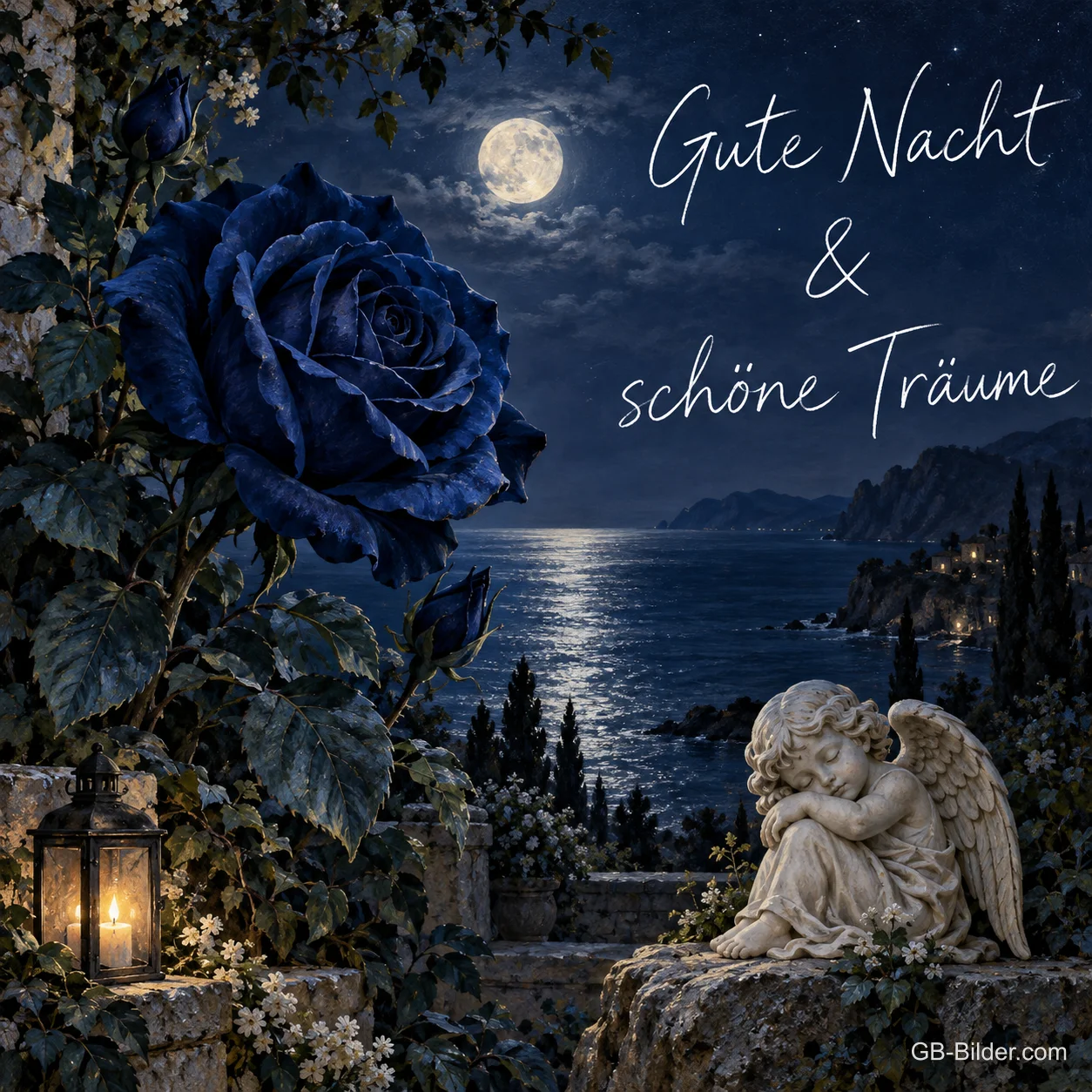 Blaue Rose und schlafende Engelfigur am Meer bei Vollmond, Text: Gute Nacht & schöne Träume