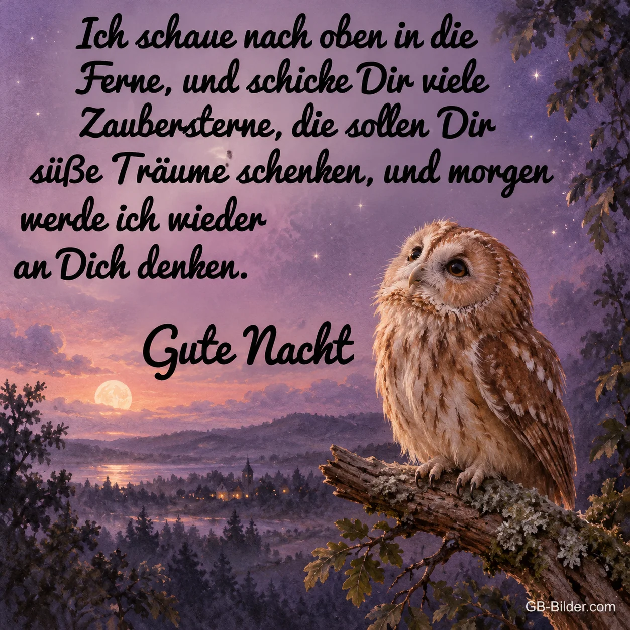Waldkauz auf einem Ast über einer Landschaft im violetten Abendlicht, Text: Ich schaue nach oben in die Ferne, und schicke Dir viele Zaubersterne, die sollen Dir süße Träume schenken, und morgen werde ich wieder an Dich denken. Gute Nacht