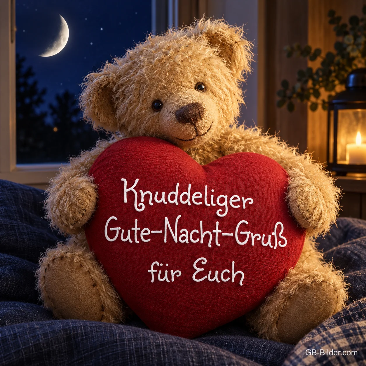 Teddybär hält ein rotes Herzkissen vor einem Fenster mit Mond, Text: Knuddeliger Gute-Nacht-Gruß für Euch