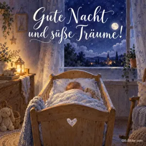 Schlafendes Kind in einer Holzwiege am nächtlichen Fenster, Text: Gute Nacht und süße Träume!