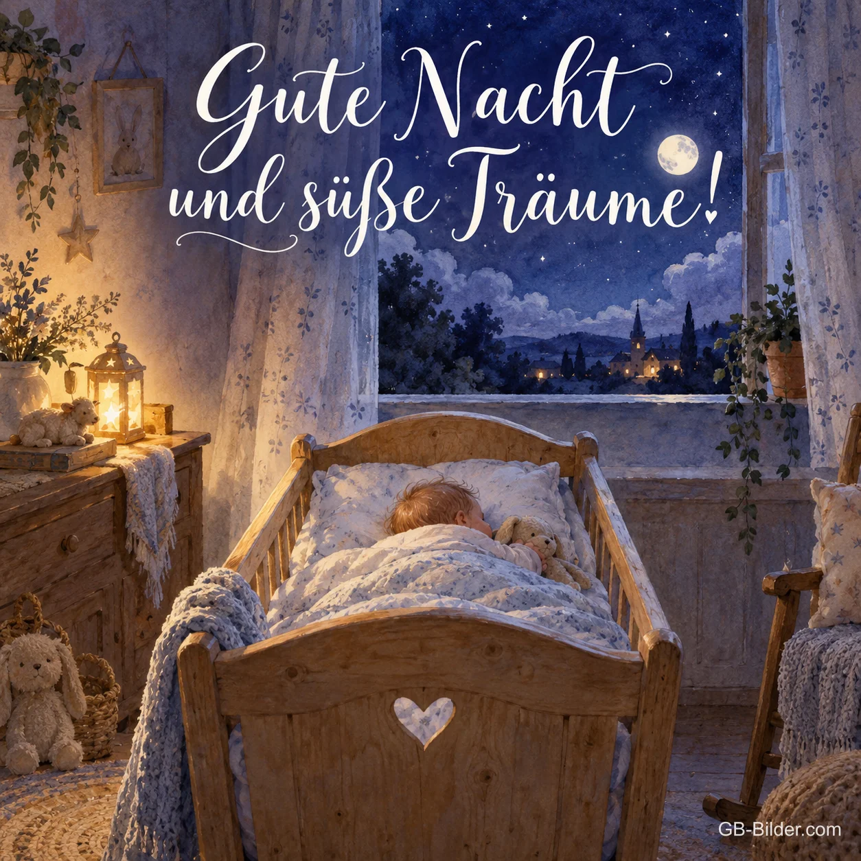 Schlafendes Kind in einer Holzwiege am nächtlichen Fenster, Text: Gute Nacht und süße Träume!