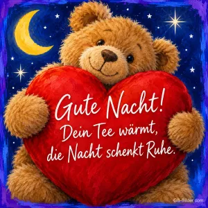 Teddybär hält ein großes rotes Herz unter Mond und Sternen, Text: Gute Nacht! Dein Tee wärmt, die Nacht schenkt Ruhe.