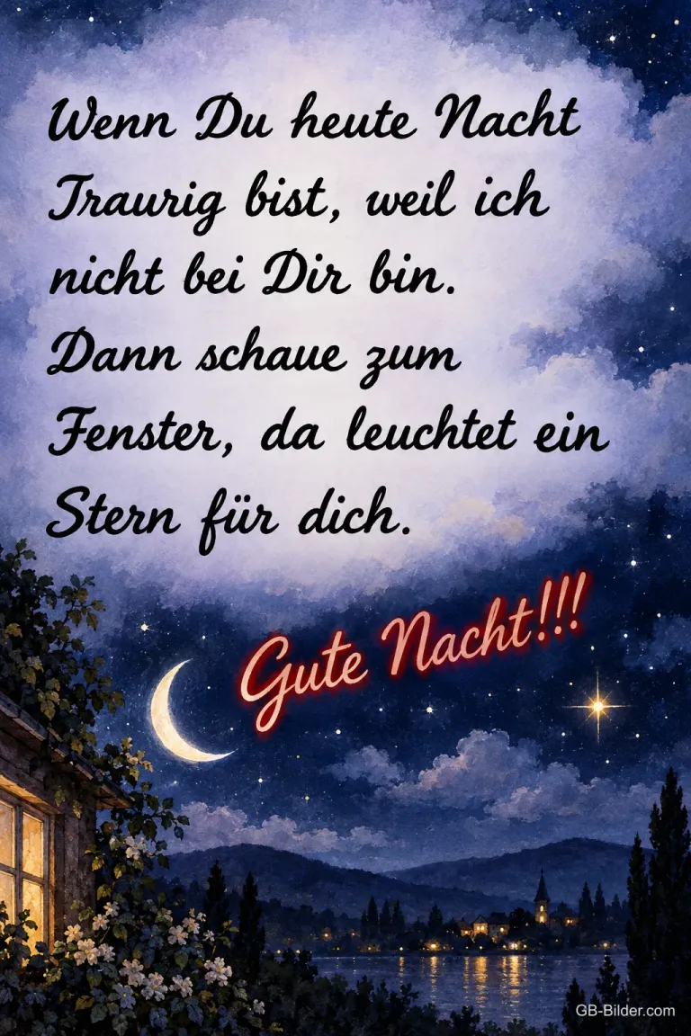 Nachthimmel mit Mondsichel und hellem Stern über einem Dorf am See, Text: Wenn Du heute Nacht traurig bist, weil ich nicht bei Dir bin. Dann schaue zum Fenster, da leuchtet ein Stern für dich. Gute Nacht!!!