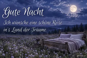 Holzbett auf einer Lavendelwiese unter dem Vollmond, Text: Gute Nacht – Ich wünsche eine schöne Reise ins Land der Träume