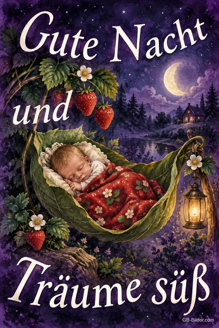 Schlafendes Baby in einem Blatt zwischen Erdbeeren bei Mondschein, Text: Gute Nacht und Träume süß