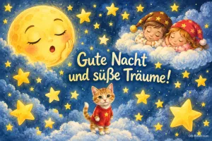 Schlafender Mond, zwei Kinder mit Zipfelmützen schlafen auf einer Wolke, Kätzchen im Sternenhimmel, Text: Gute Nacht und süße Träume!