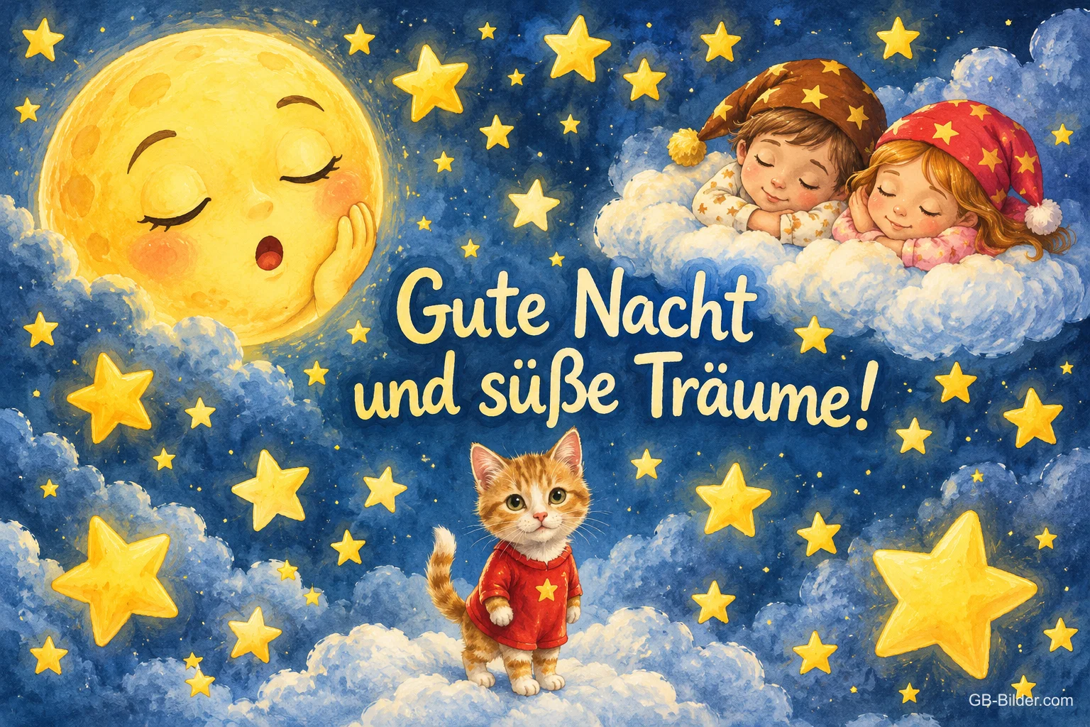 Schlafender Mond, zwei Kinder mit Zipfelmützen schlafen auf einer Wolke, Kätzchen im Sternenhimmel, Text: Gute Nacht und süße Träume!