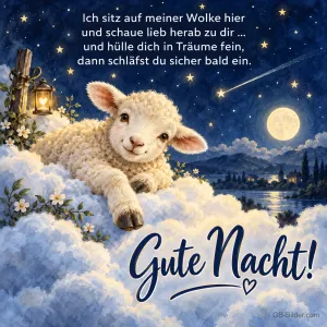 Lamm liegt auf einer Wolke unter Mond und Sternen, Text: Ich sitz auf meiner Wolke hier und schaue lieb herab zu dir … und hülle dich in Träume fein, dann schläfst du sicher bald ein. Gute Nacht!