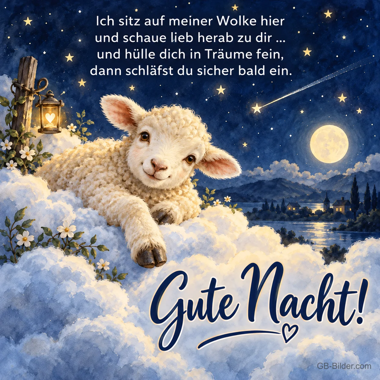 Lamm liegt auf einer Wolke unter Mond und Sternen, Text: Ich sitz auf meiner Wolke hier und schaue lieb herab zu dir … und hülle dich in Träume fein, dann schläfst du sicher bald ein. Gute Nacht!