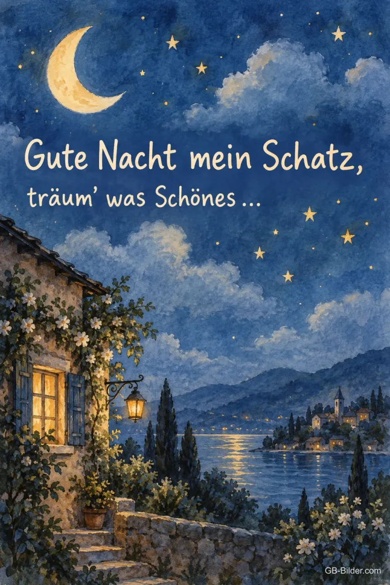 Mondsichel und Sterne über einem Haus am See, Text: Gute Nacht mein Schatz, träum’ was Schönes …