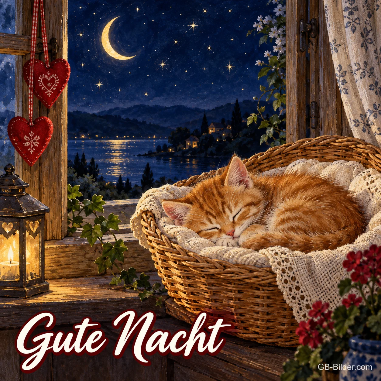 Rotes Kätzchen schläft in einem Korb am nächtlichen Fenster, Text: Gute Nacht
