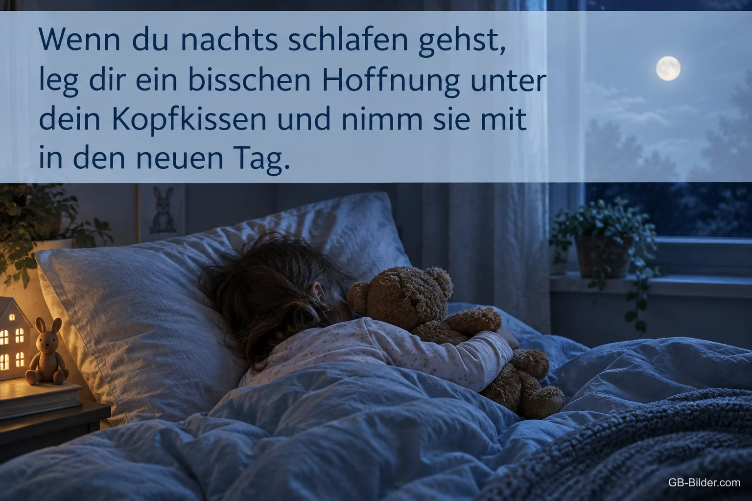 Kind schläft mit Teddybär im Bett bei Mondschein, Text: Wenn du nachts schlafen gehst, leg dir ein bisschen Hoffnung unter dein Kopfkissen und nimm sie mit in den neuen Tag.