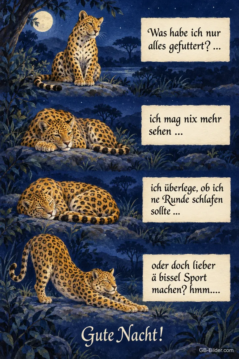 Vier Bilder eines Leoparden, der satt wird, liegt, schläft und sich streckt, Text: Was habe ich nur alles gefuttert? … ich mag nix mehr sehen … ich überlege, ob ich ne Runde schlafen sollte … oder doch lieber ä bissel Sport machen? hmm…. Gute Nacht!